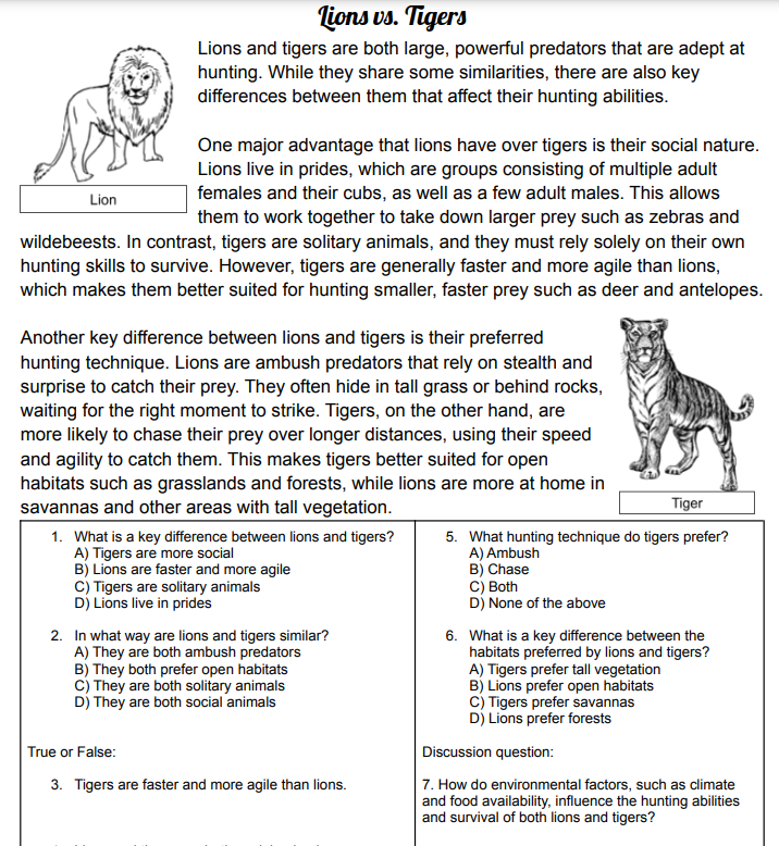 compare and contrast essay lions and tigers